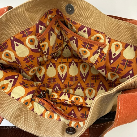 FOSSIL Khaki Canvas Brown Suede with Rust Colored Suede Straps Shoulder Tote Bag - Picture 5 of 11